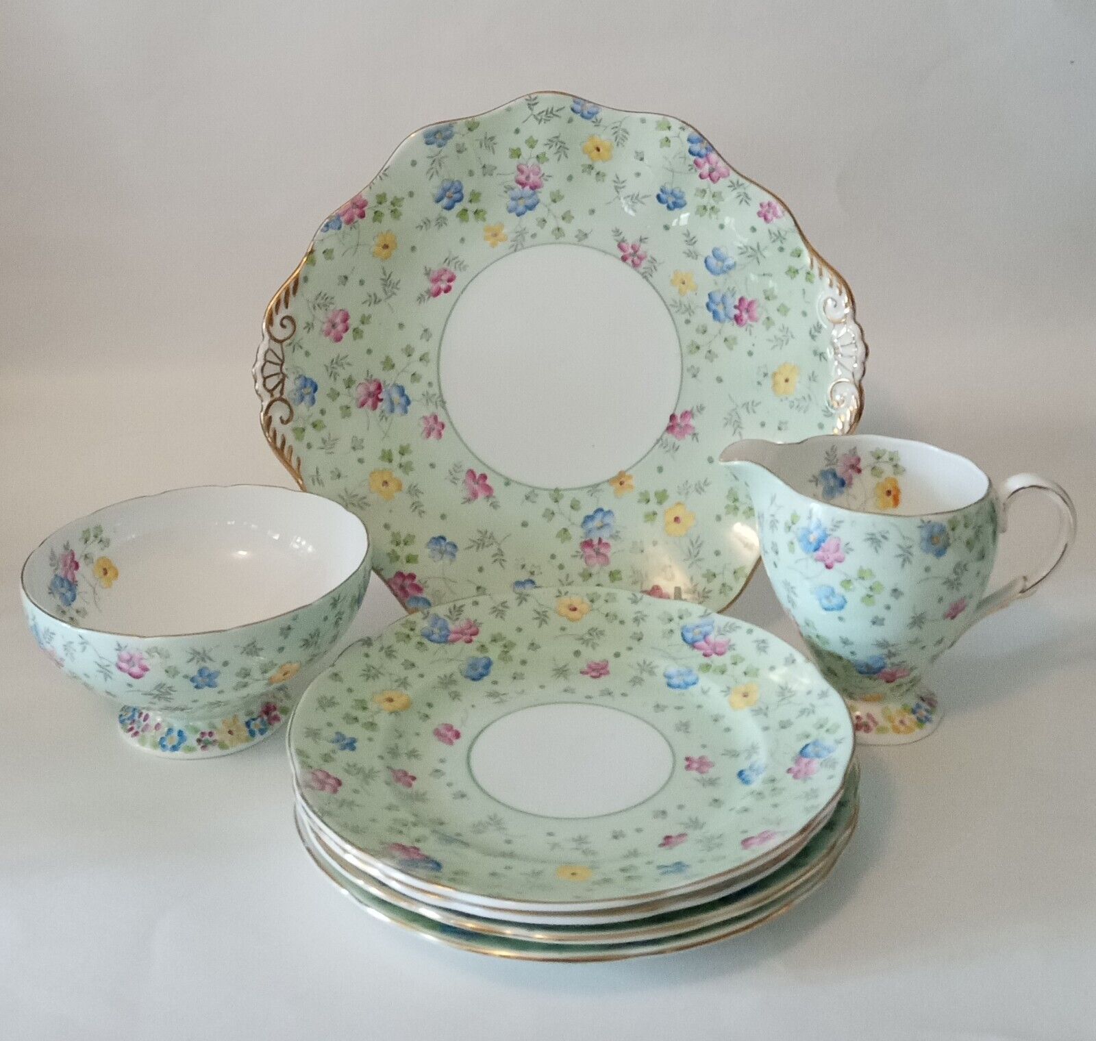 Rare EB FOLEY Bone China Cake Plate Set, Mint Green Florals, Made In England