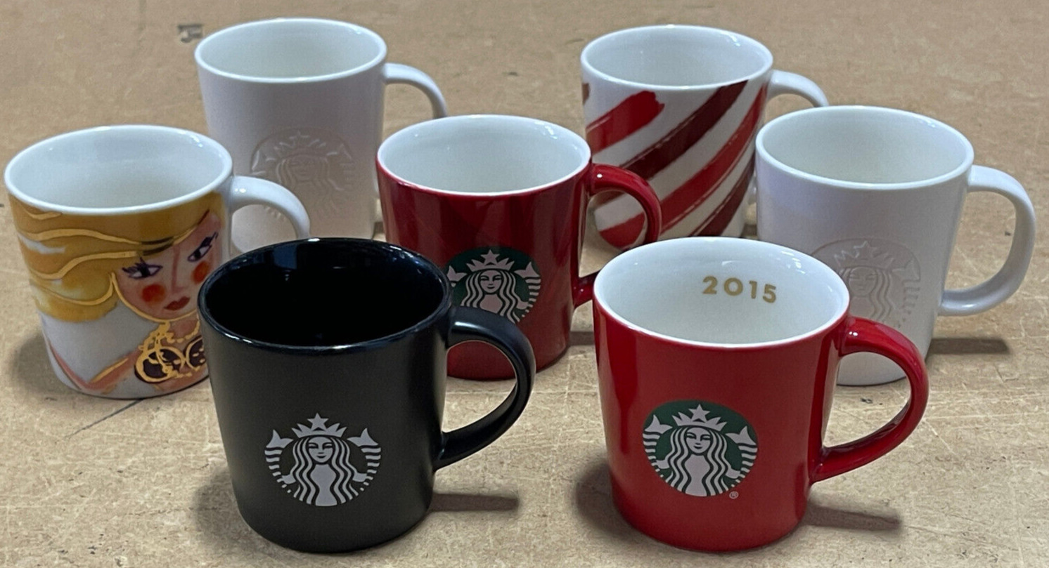 7 2014 2015 Starbucks Espresso Shot Glass Ceramic Cup Mug Xmas Mermaid White Red