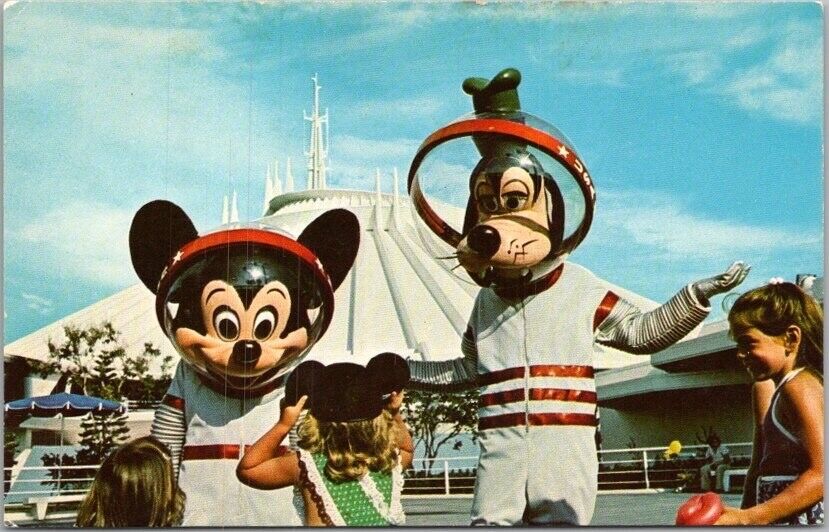 c1970s WALT DISNEY WORLD Orlando FL Postcard Mickey Mouse & Goofy in Space Suits