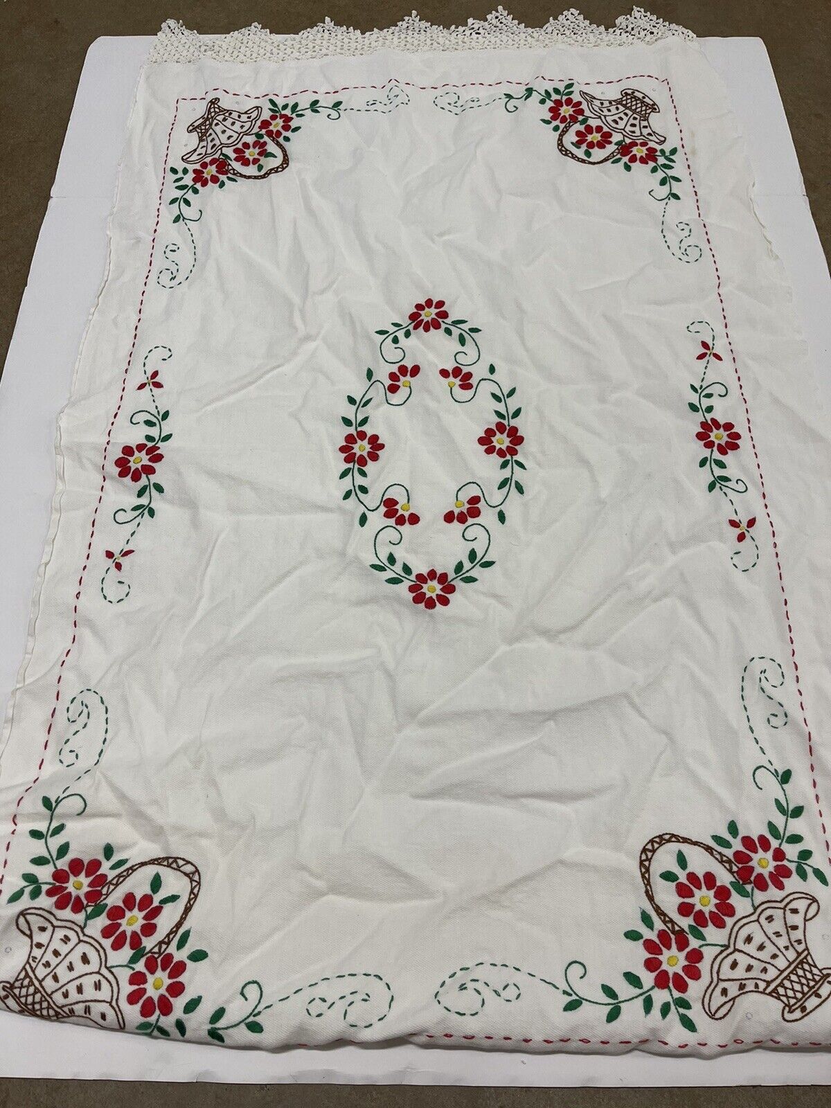 vintage embroidered tablecloth Red Flowers 48x30 White Lace edge