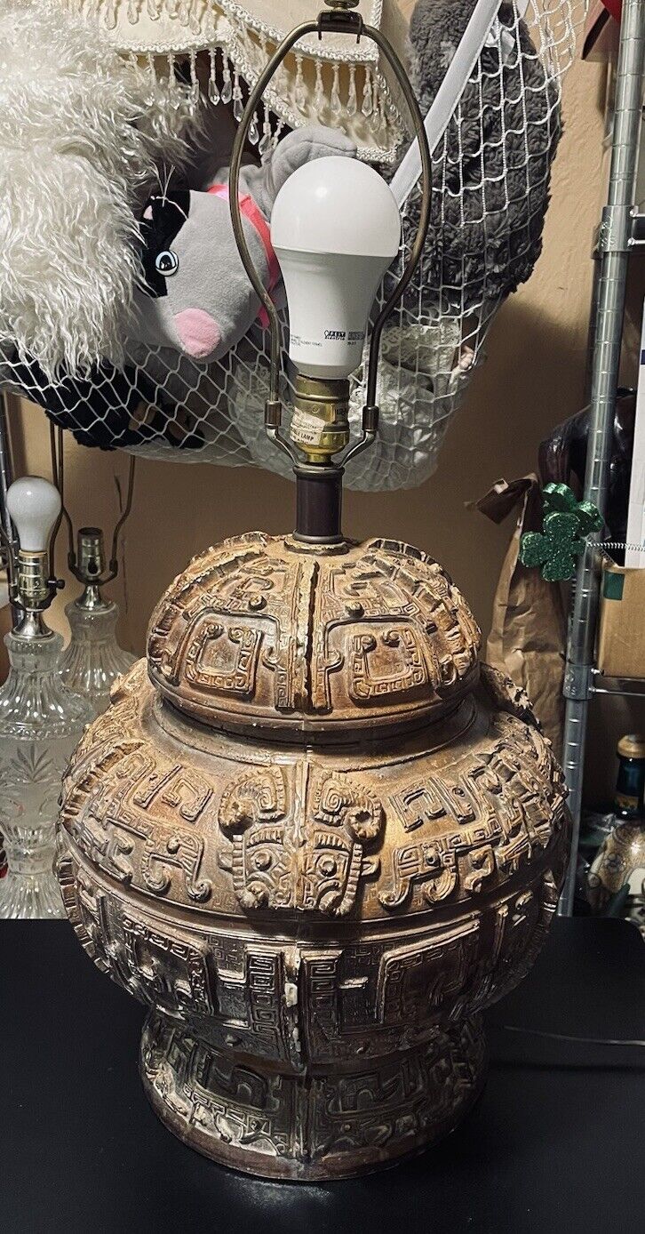 LARGE RARE VINTAGE TAO-TI TIKI AZTEC LAMP Sculptural Carved Composite 27” Tall