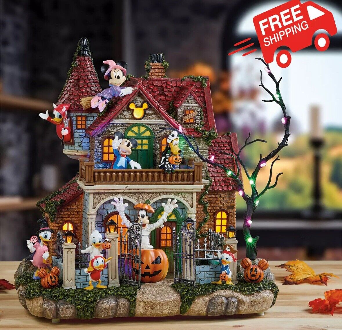 Disney Haunted Party House with Lights Music Halloween 2024 plays haunting music