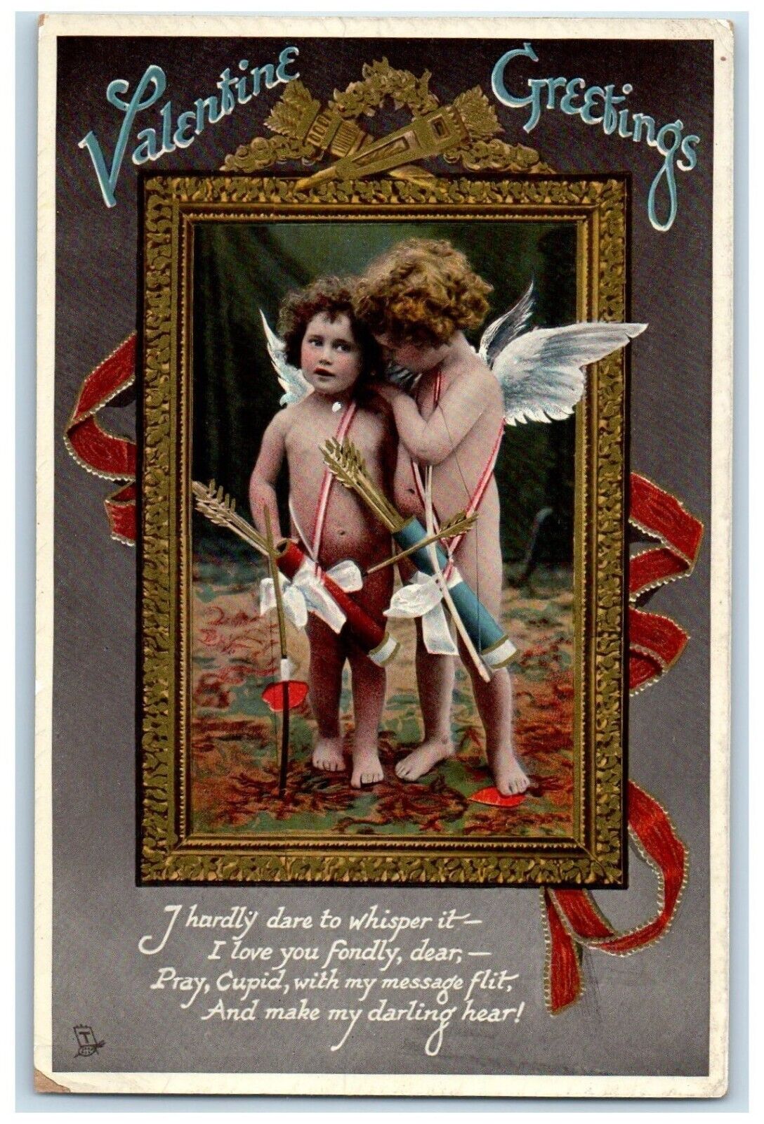 c1910's Valentine Greetings Cupid Angels Bare Butt Tuck's Antique Postcard