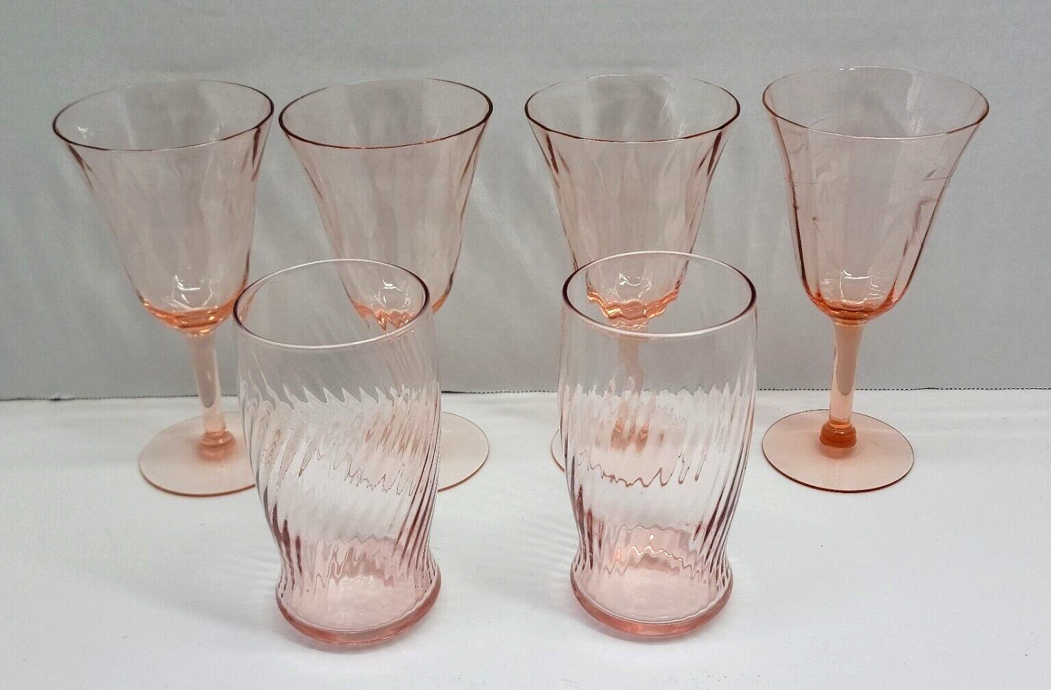 6 VTG Pink Swirl Glass Water Goblet & Tumbler Mix Lot Retro Depression Etched