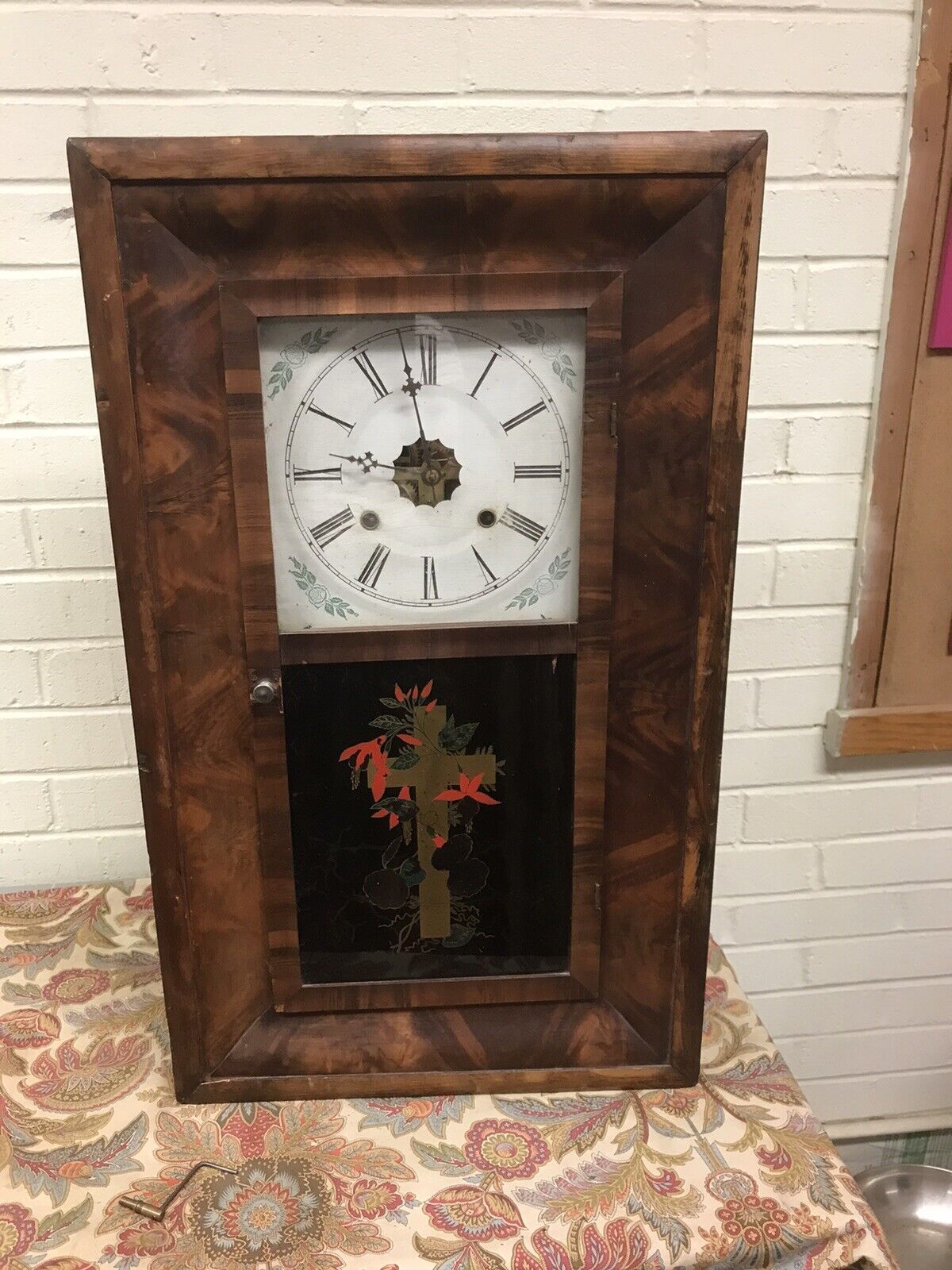 ANTIQUE VTG 1880’s  RELIGIOUS ANSONIA CLOCK W/CROSS, SIDE WEIGHTS WORKS CHIMES