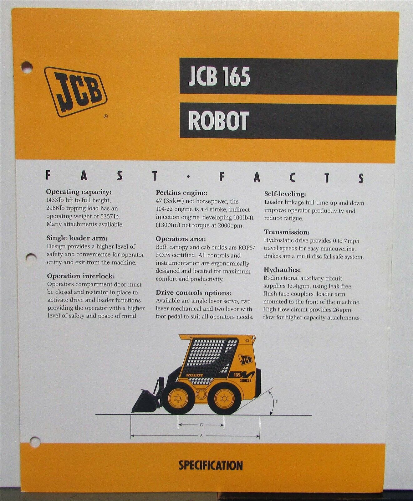 1990s JCB 165 Robot Specifications Construction Sales Brochure