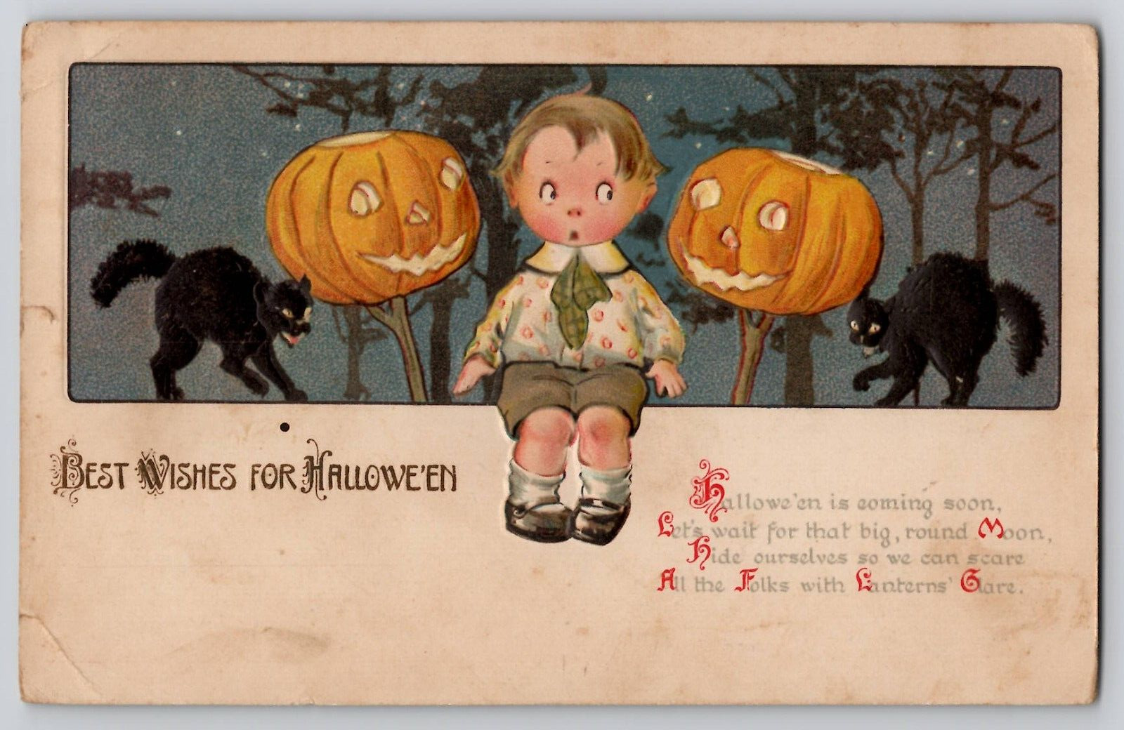 Jolly Halloween Gottschalk Postcard Ser 2696 JOL Pumpkins Boy and Cats c1910's