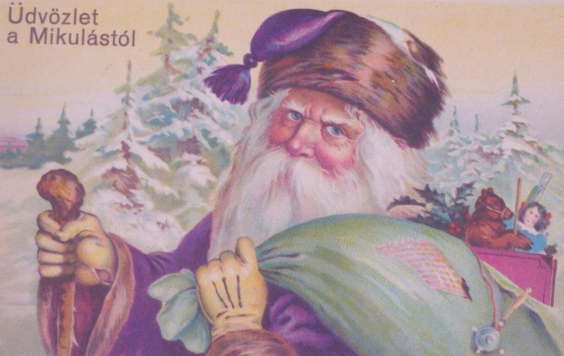 Santa Claus Purple Robe Coat Toy Old World Vintage Christmas Postcard Unused 185