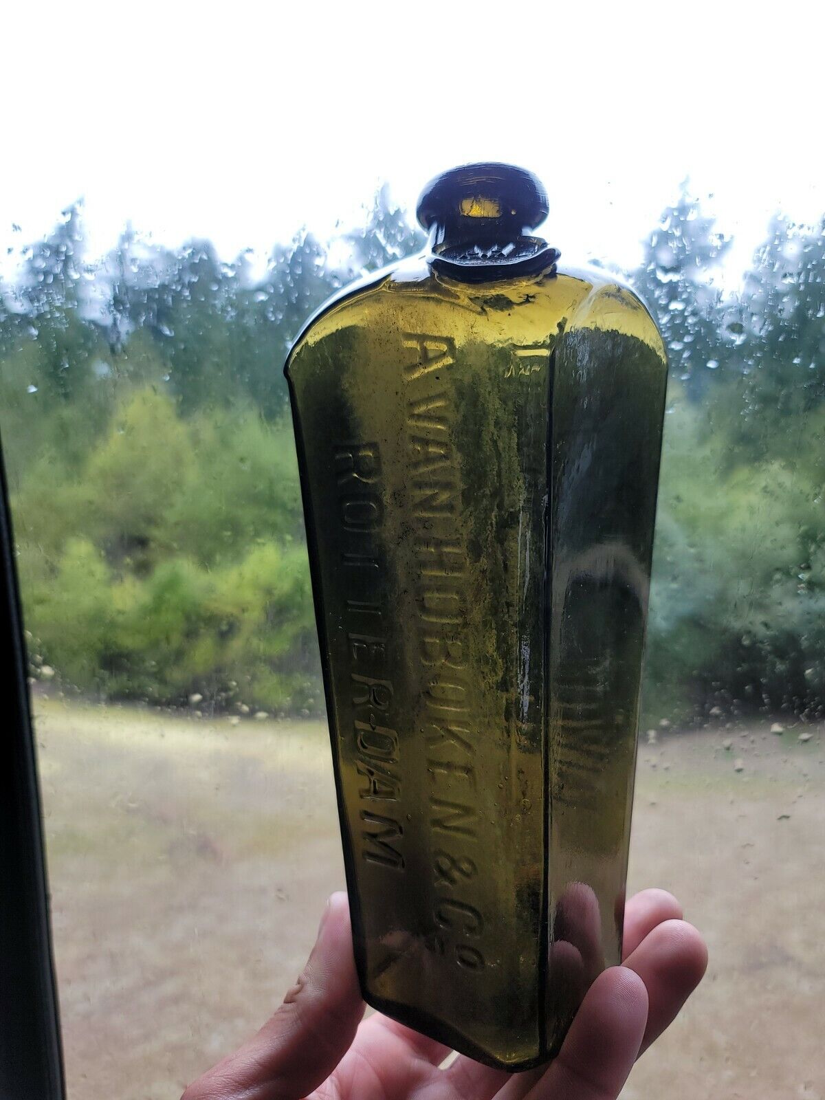 1870's Blackglass Applied Seal Rotterdam Gin Bottle◇ Old Blob Top Liquor Bottle