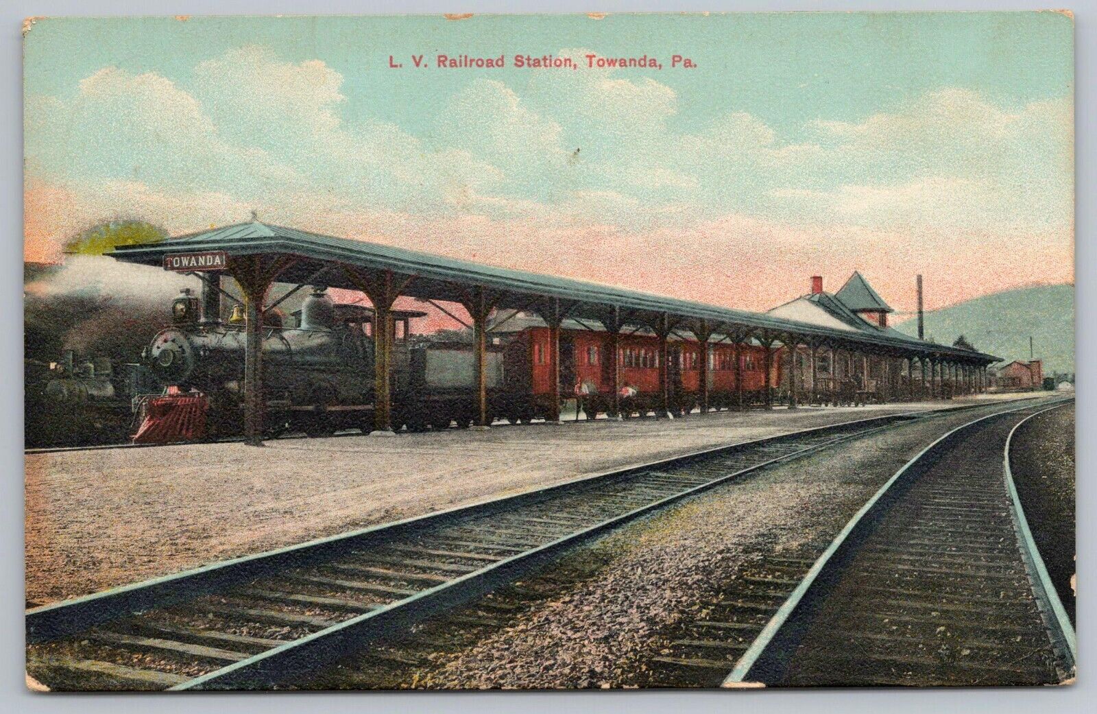LV Railroad Station Steam Engine Train Towanda PA Vintage Postcard c1910