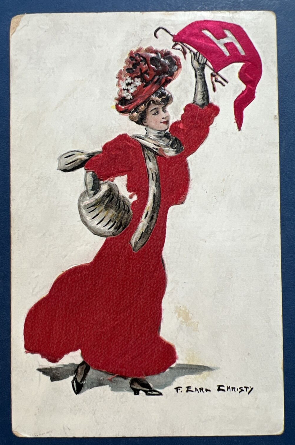 Silk University Lady Antique Postcard. EMB. Artist: Christy. PUBL: Illustrated