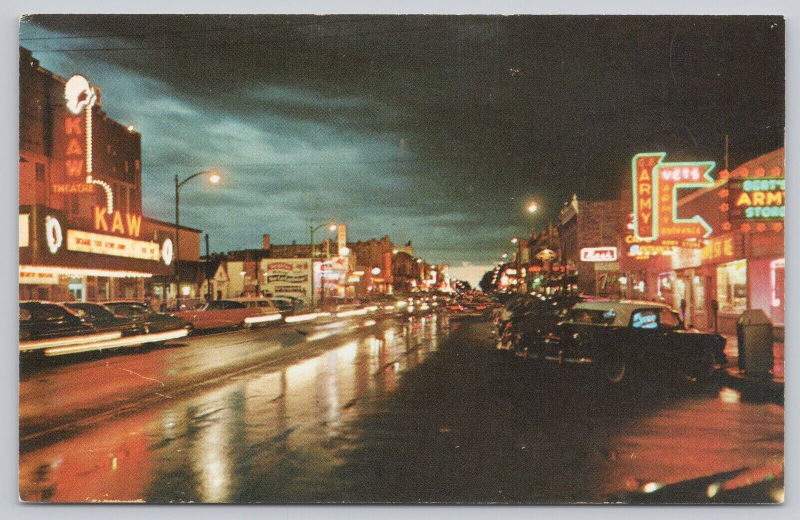 Main Street At Night Junction City KS Kansas Vintage Chrome Postcard KAW Theatre