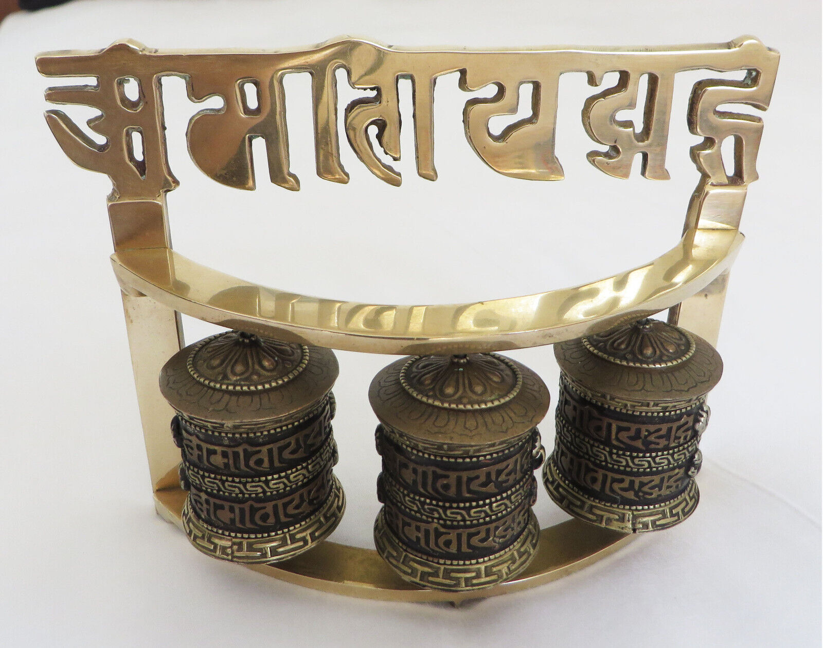 Tibetan Buddhist Triple Prayer Wheels with Mantra Scrolls Om Mani Padme Hum