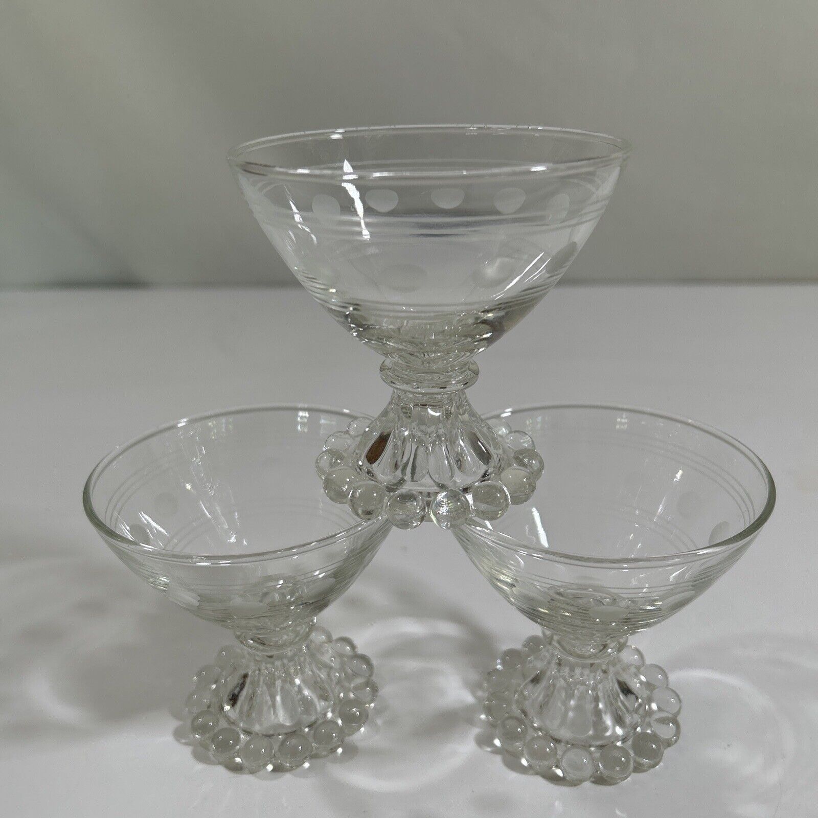 (3) ANCHOR HOCKING -AHC3- Clear Etched Glasses, Boopie  Champagne/Tall Sherbet