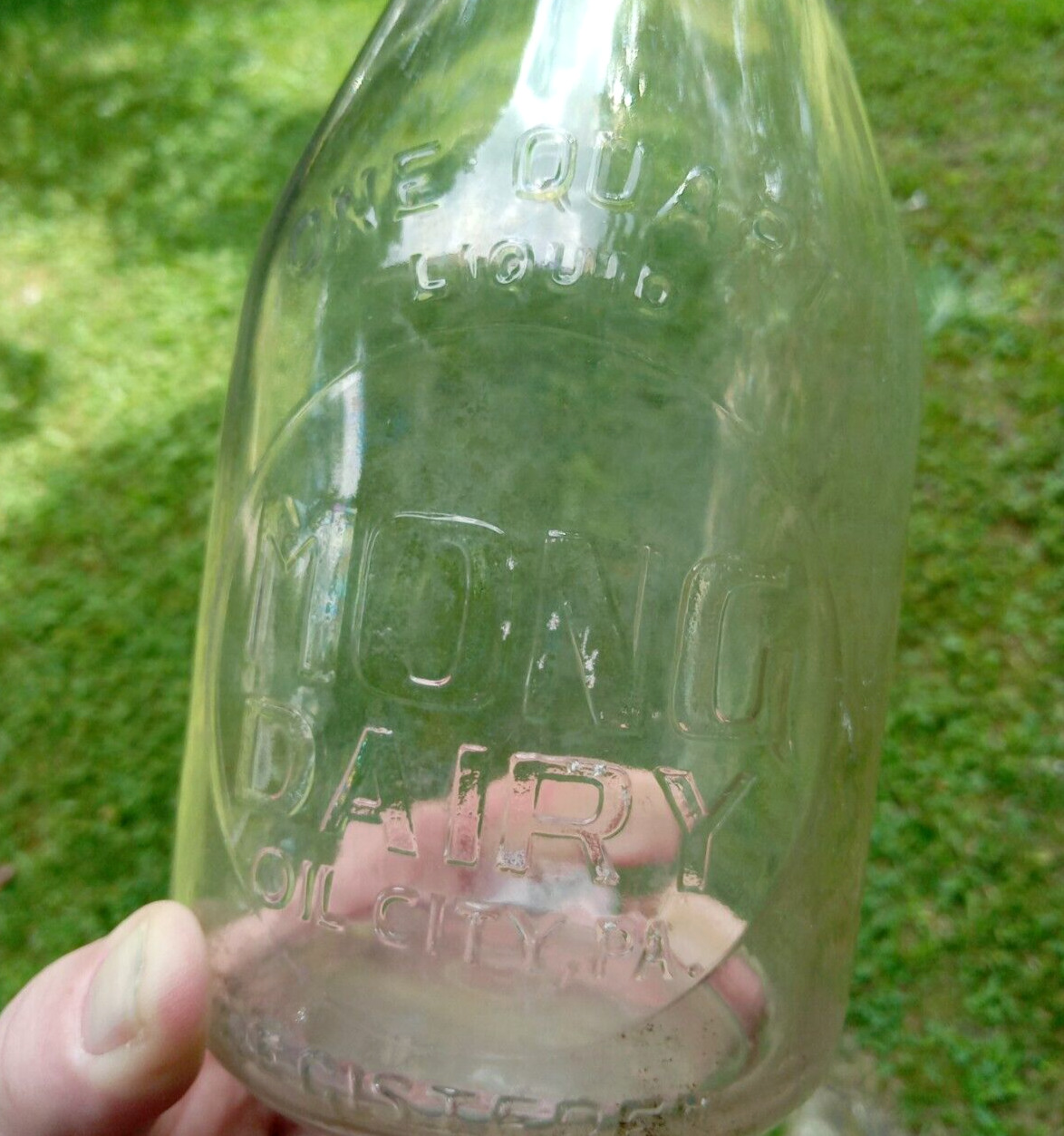MONG DAIRY Oil City, PA Quart Embossed Glass Milk Bottle Duraglas Vintage