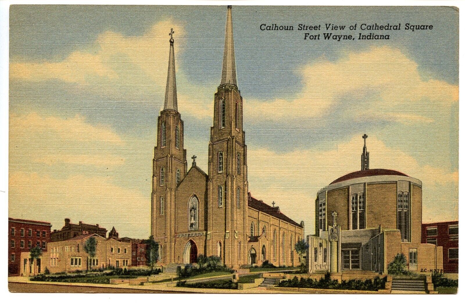 Calhoun Street View of Cathedral Square Fort Wayne IN Indiana Vintage Postcard