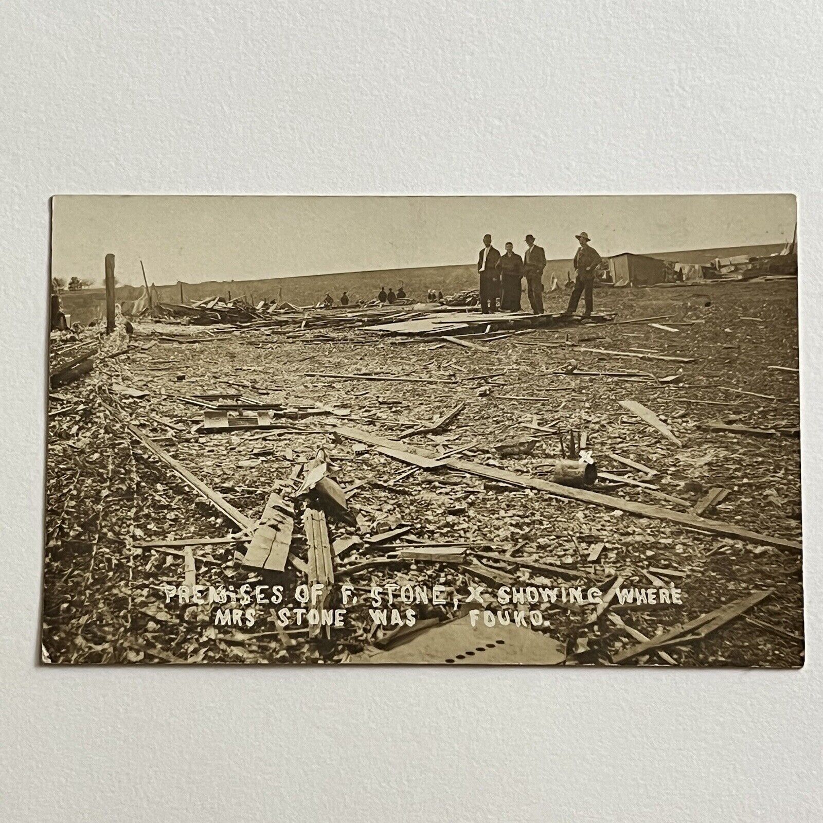Antique RPPC Real Photograph Postcard Tornado Disaster X Marks Spot ID Stone