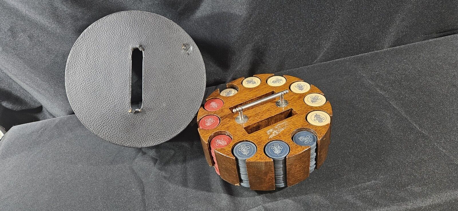 Vintage Wood Poker Chip Carousel Caddy W/ Poker Chips & Cover 12 Rack 