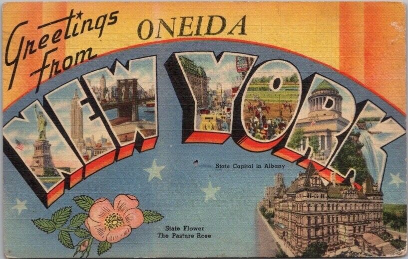 ONEIDA, NEW YORK Large Letter Postcard State Capitol & Flower -Linen 1943 Cancel
