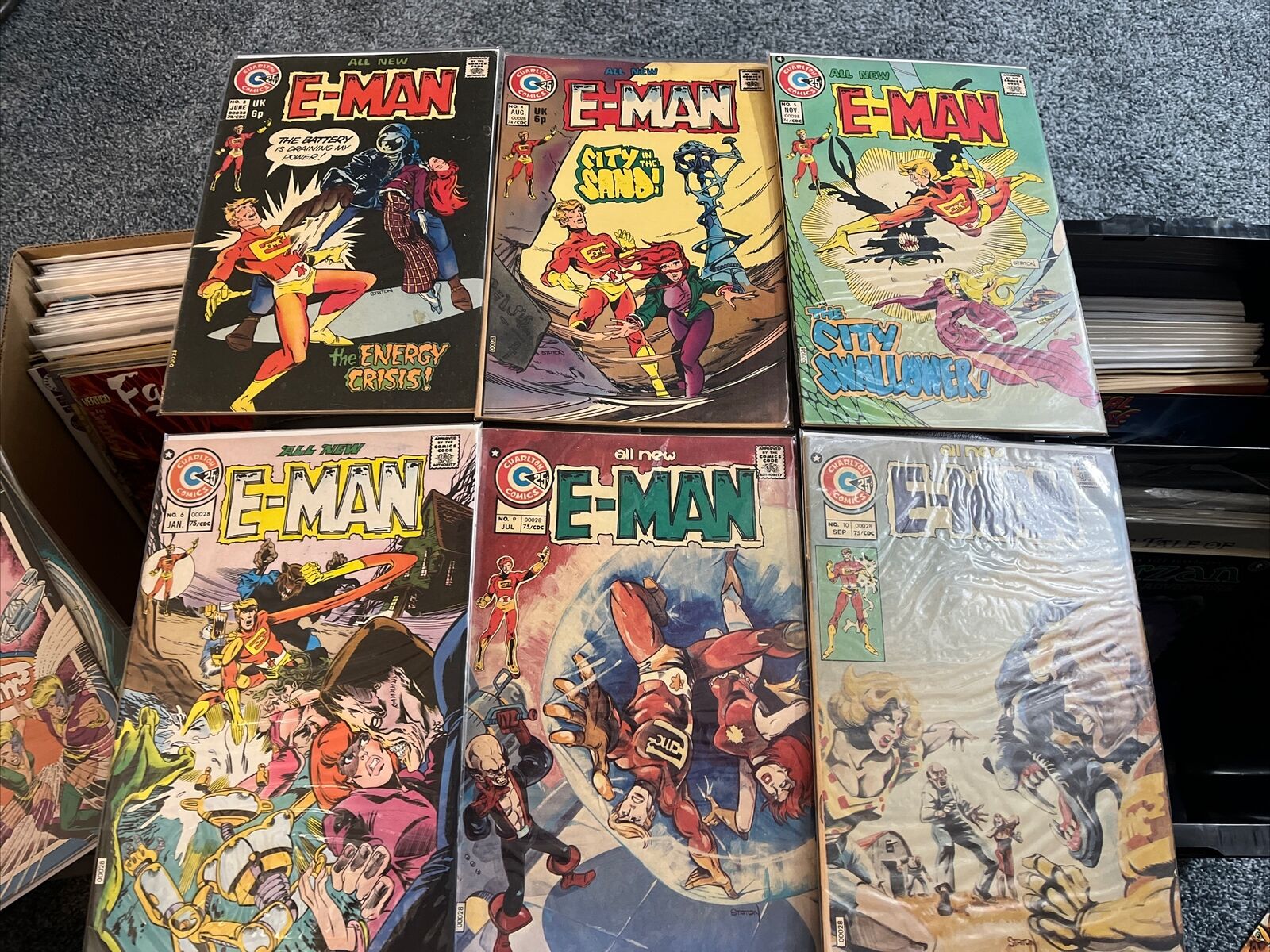 E-man Lot Charlton Comics 3, 4, 5, 6, 9, 10 & First Comics 1, 1v?, 3, 4, 9, & 10