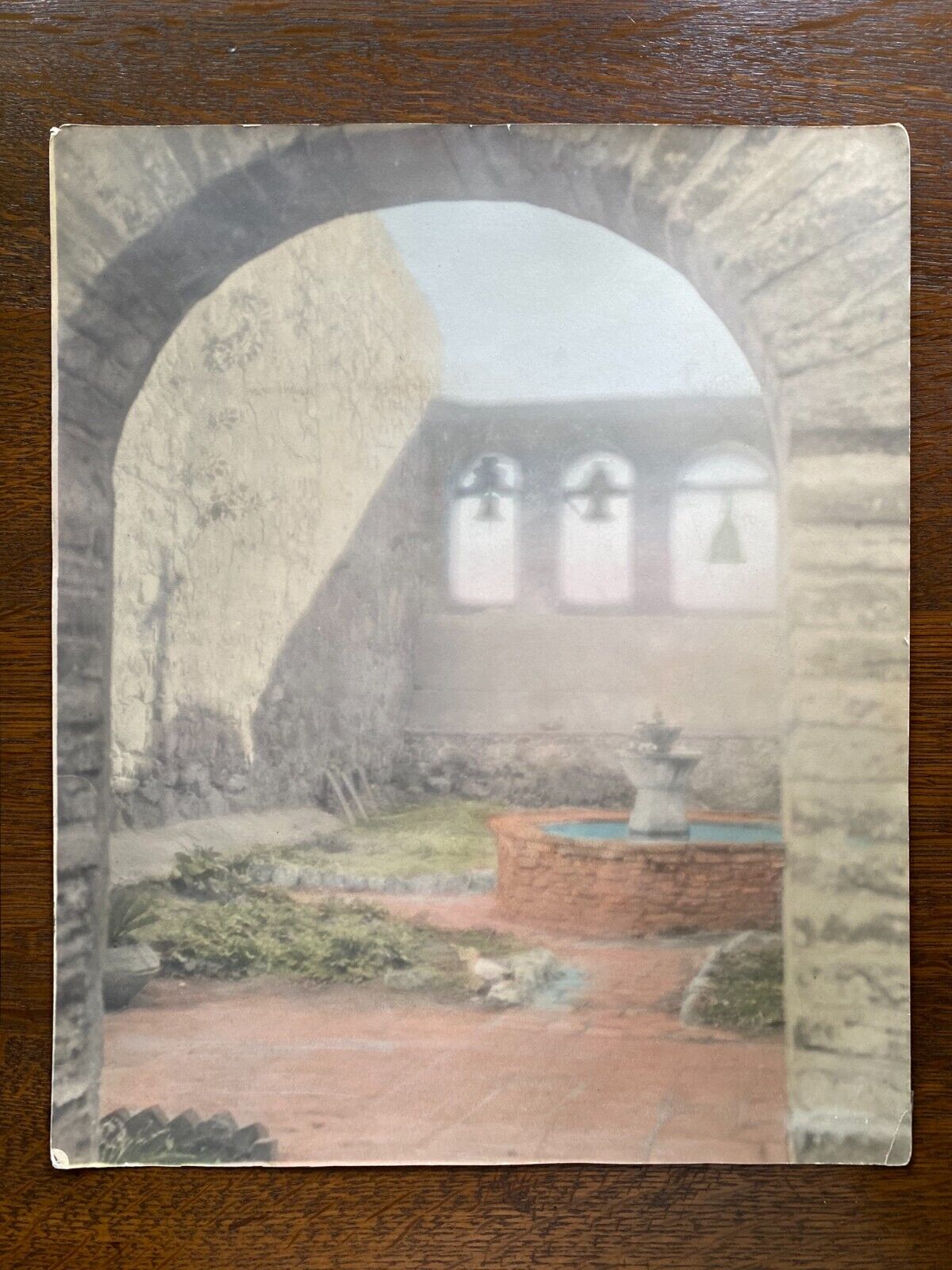 VTG Large Tinted Early Photo Mission San Juan Capistrano, Bells & Fountain Calif