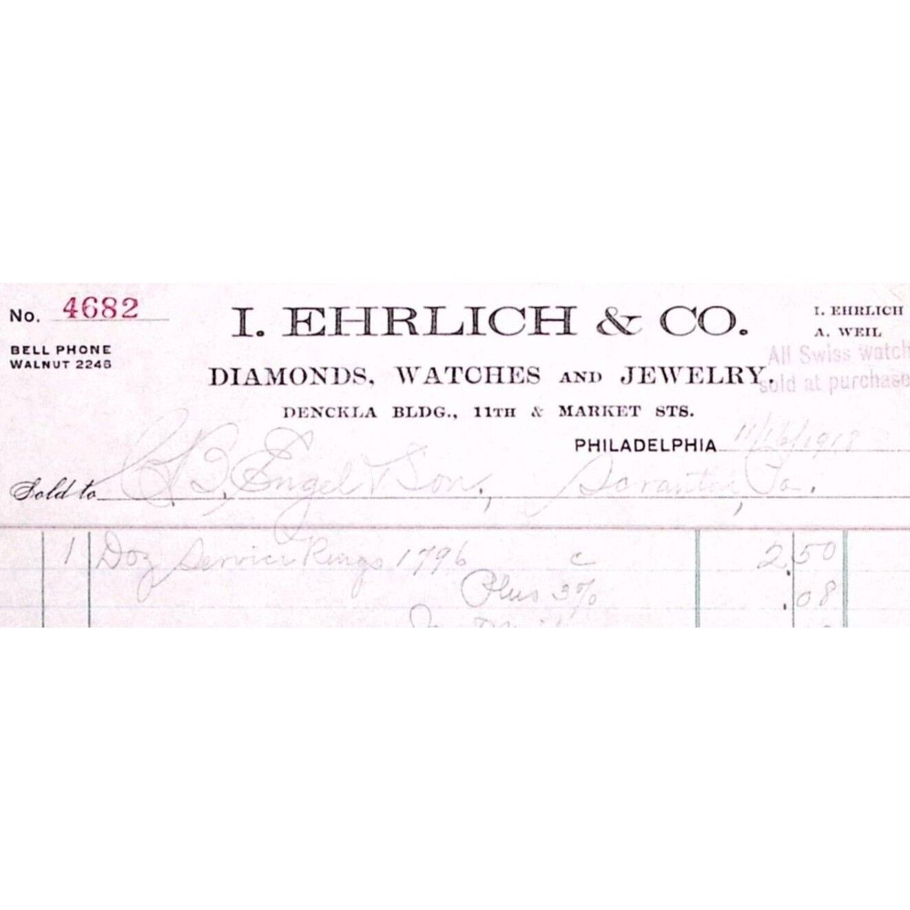 1918 PHILADELPHIA I EHRLICH & CO DIAMONDS WATCHES JEWELRY BILLHEAD INVOICE  Z172