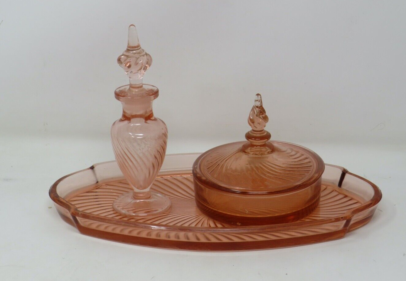 Vintage Tiffin Depression Glass Milady Pink Peach Vanity Set with Tray