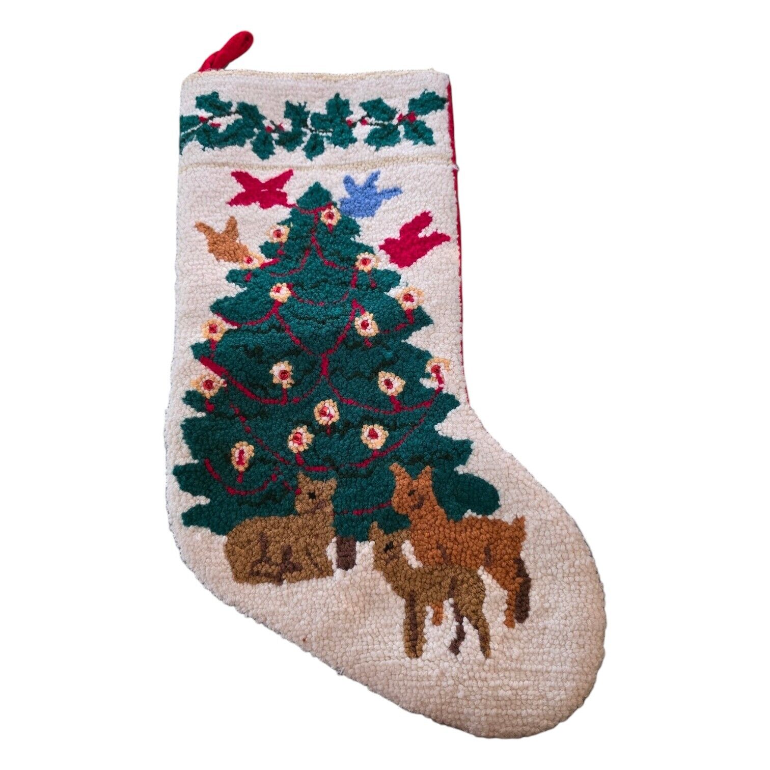 VTG Handmade Wool Stocking Needlepoint Christmas Tree Red Reindeer Velvet Back