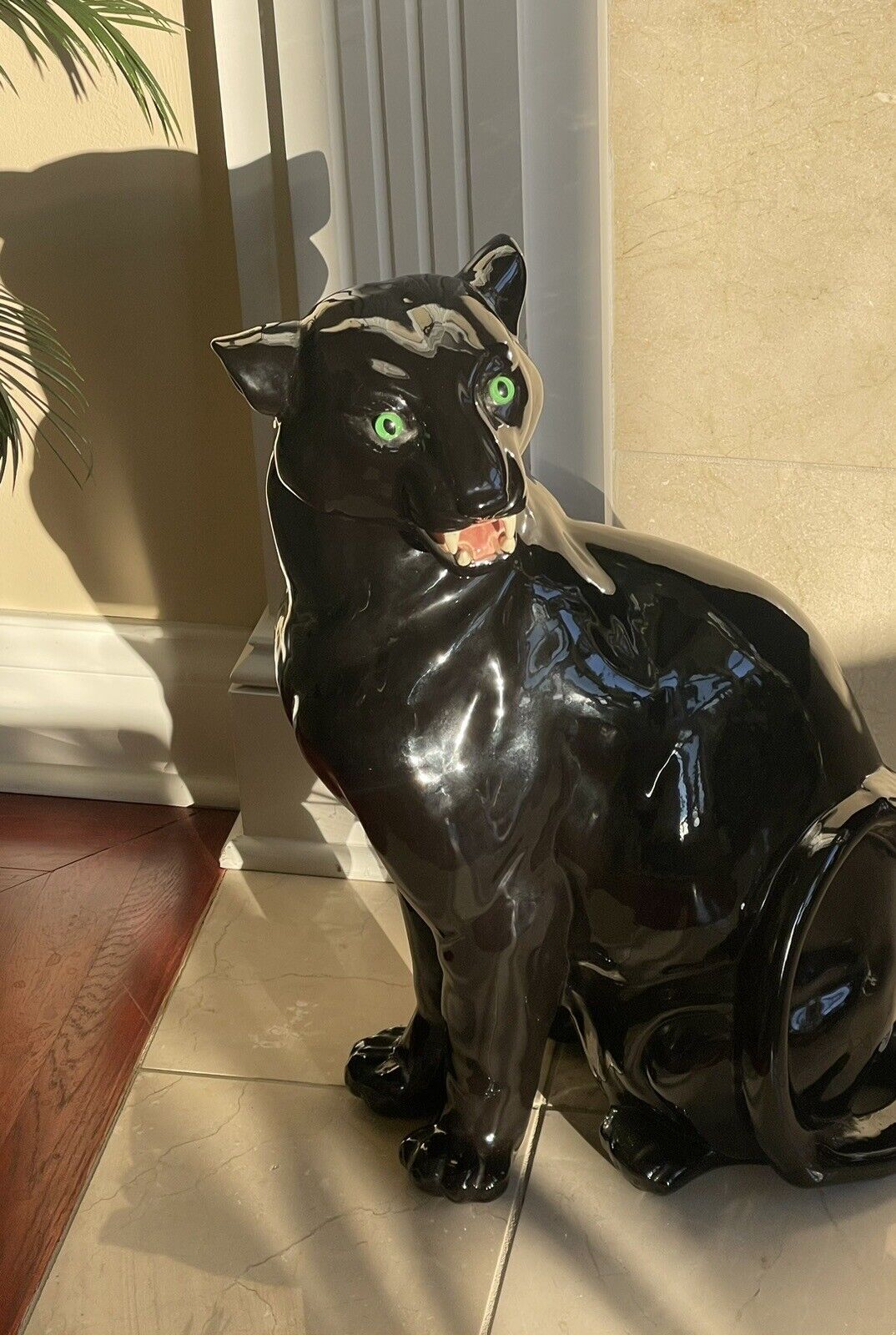MCM Rare Black Panther Cougar Glass Green Eyes Large Floor Decor Vintage