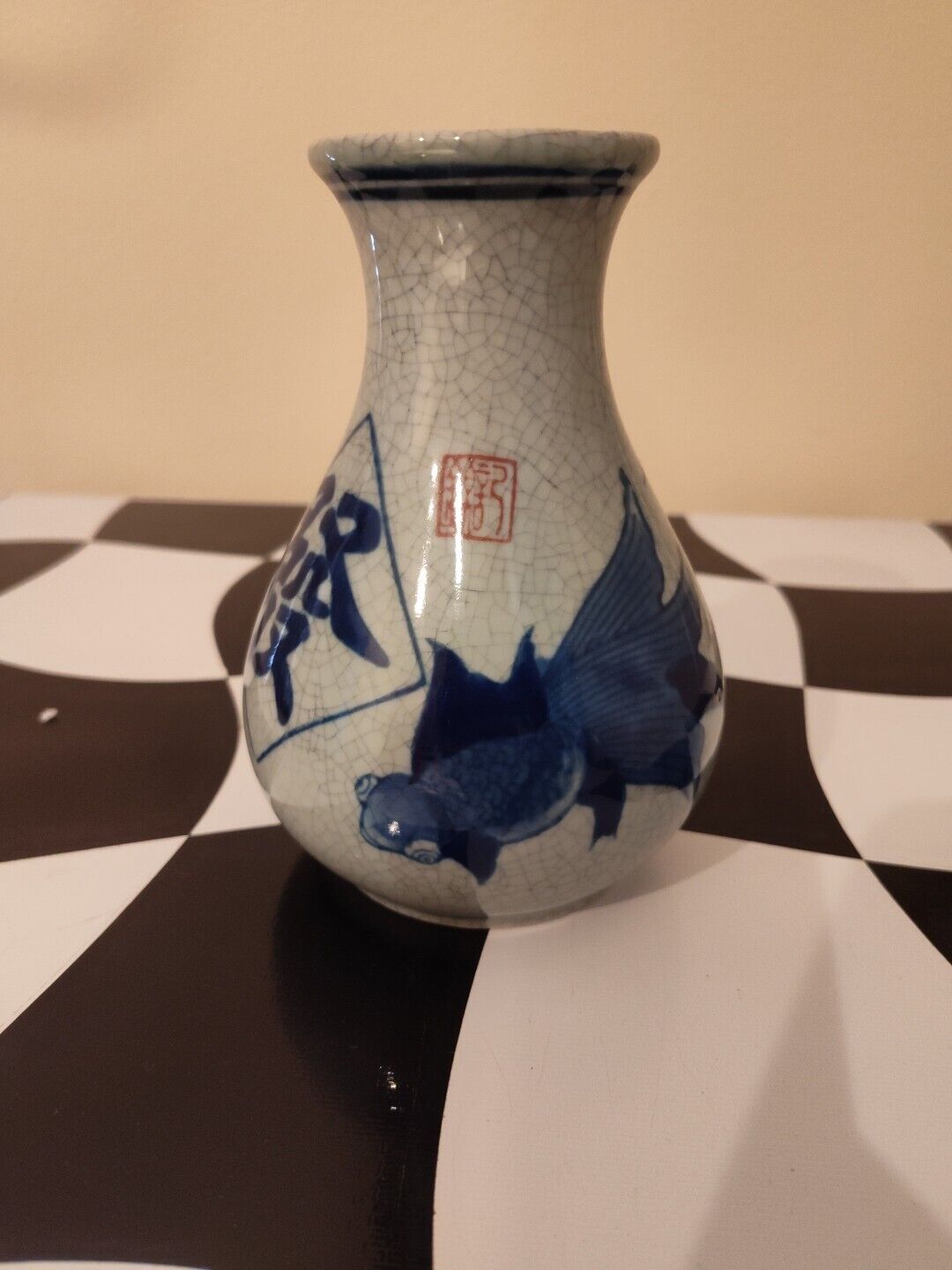 Vintage Asian Hand Painted Blue and White Crackle Vase - Koi Design