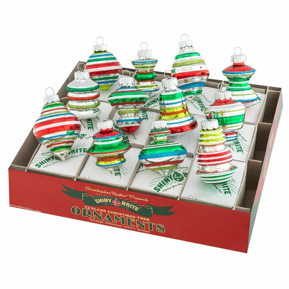 Shiny Brite Holiday Splendor Stripe Shapes Red Green Ornament Set 12 1.75\