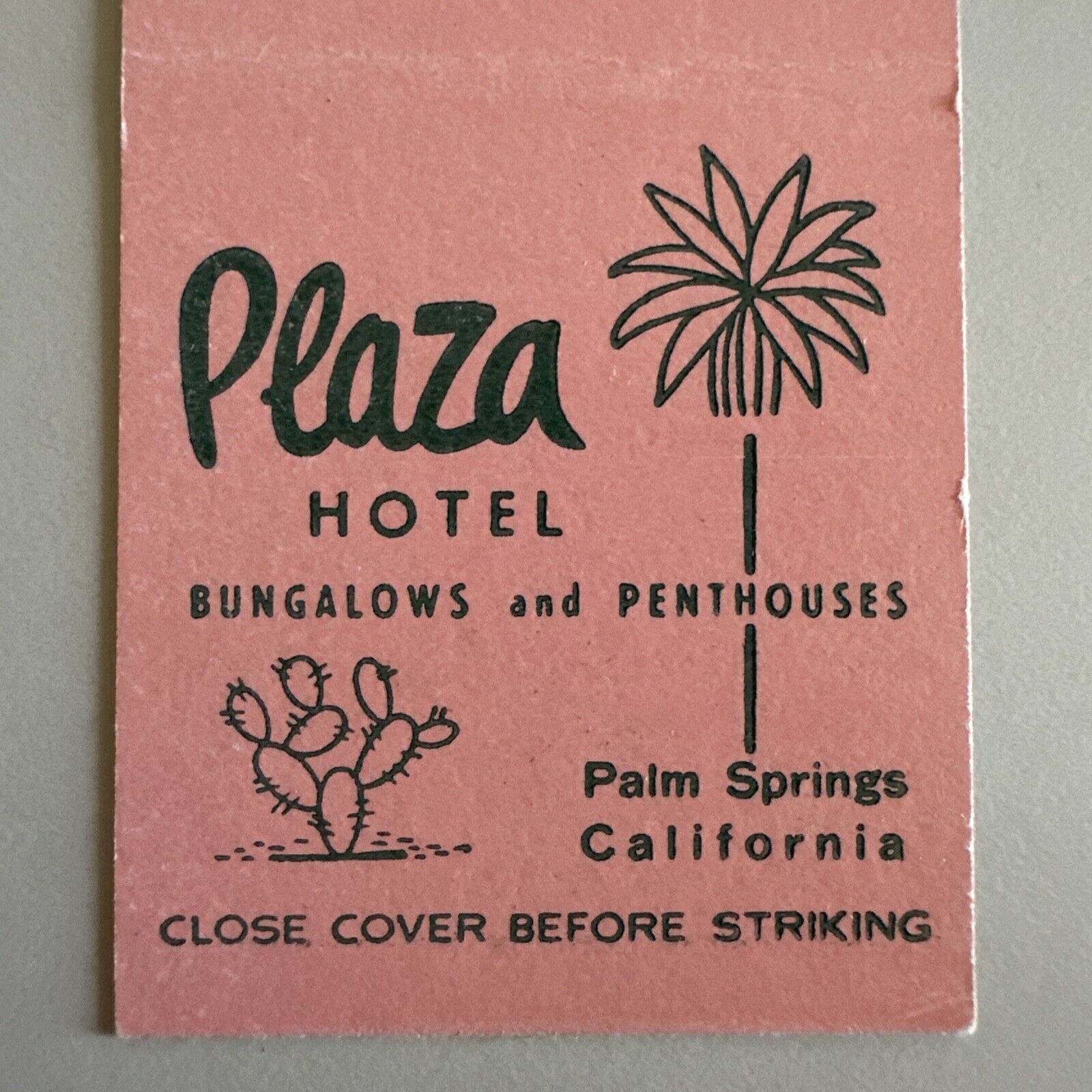 Vintage 1940s Plaza Hotel Palm Springs CA Midcentury Matchbook Cover
