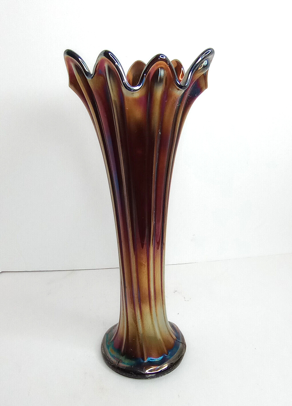 Antique Signed NORTHWOOD THIN RIB Swung VASE ~ Amethyst Carnival Glass 10 3/4\