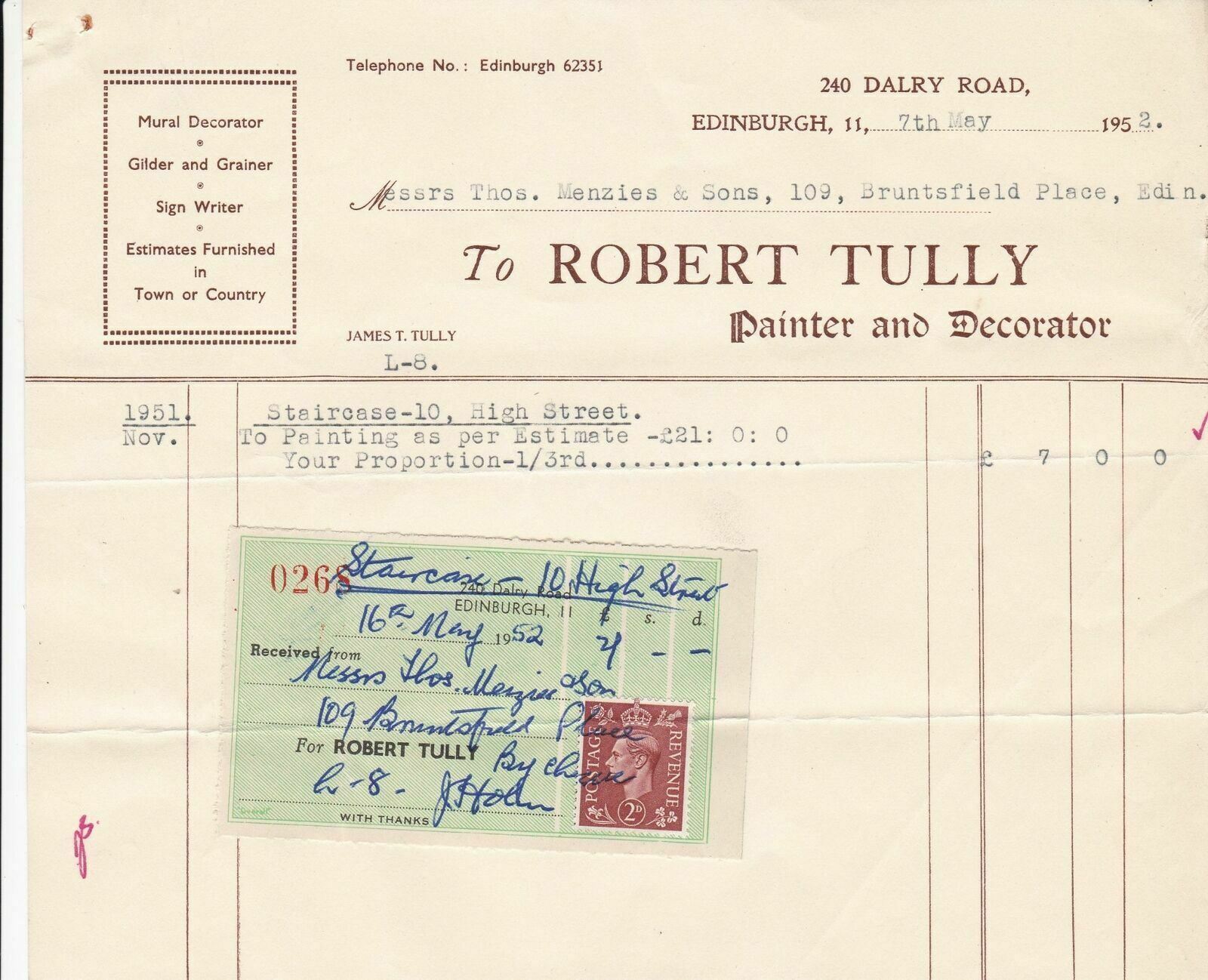 Robert Tully 1951 Painter & Decorator Edinburgh Invoice & Stamp Receipt Rf 38895