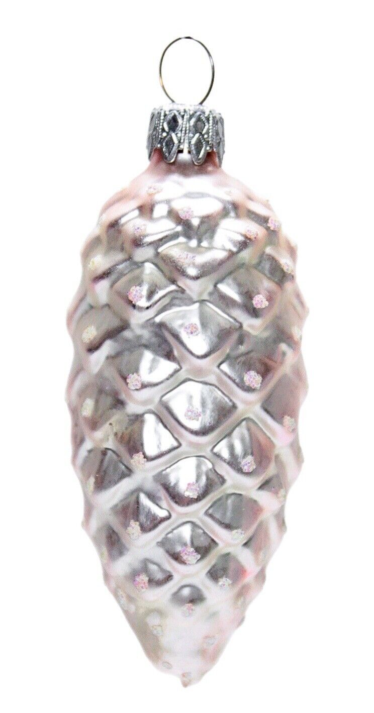 Vintage WEST GERMANY Frosty Pink/Silver Pinecone Motif Glass Christmas Ornament