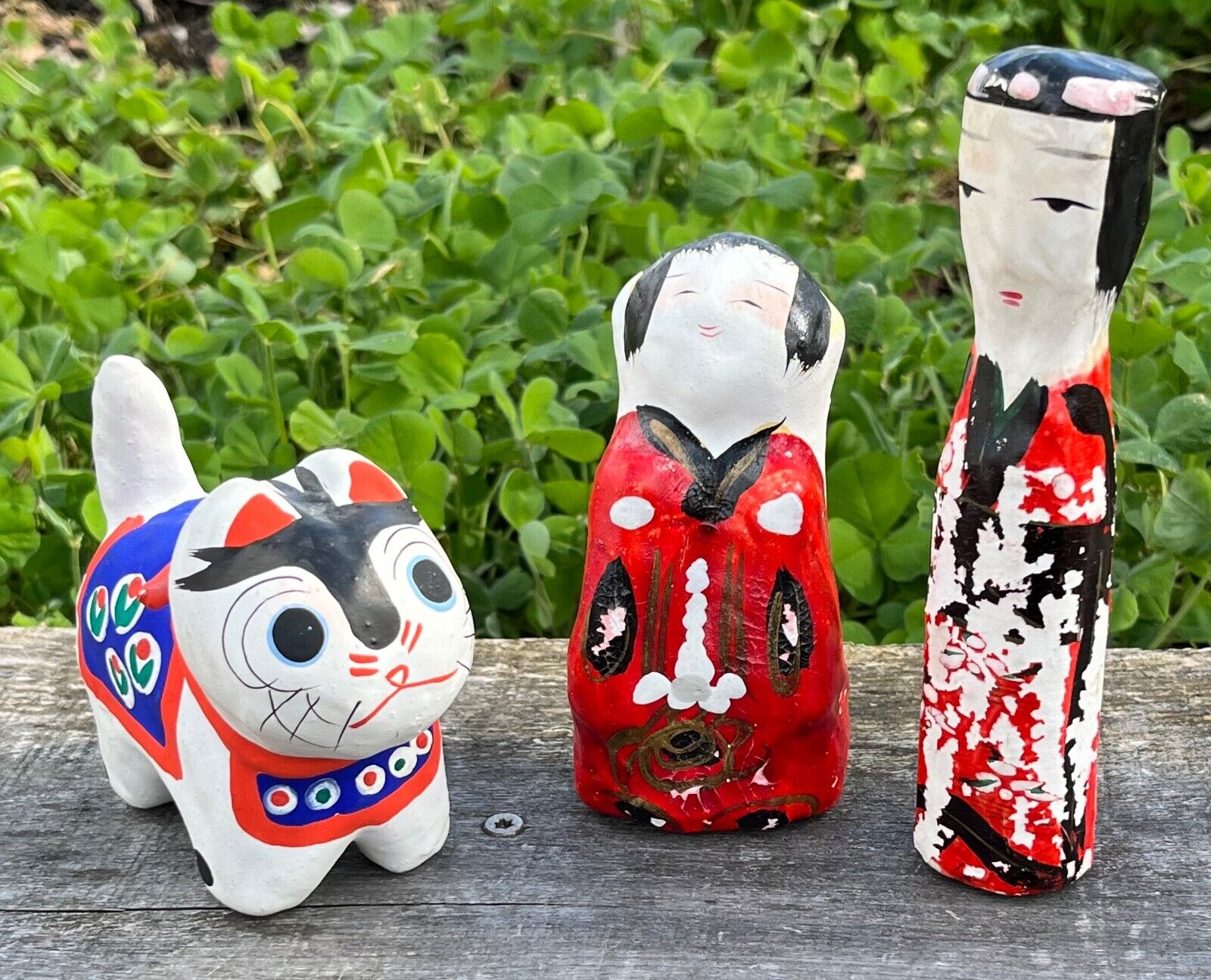 Lot of 3 Vintage Japanese Paper Mache Figurines: Happy Woman + Dog + Tall Friend