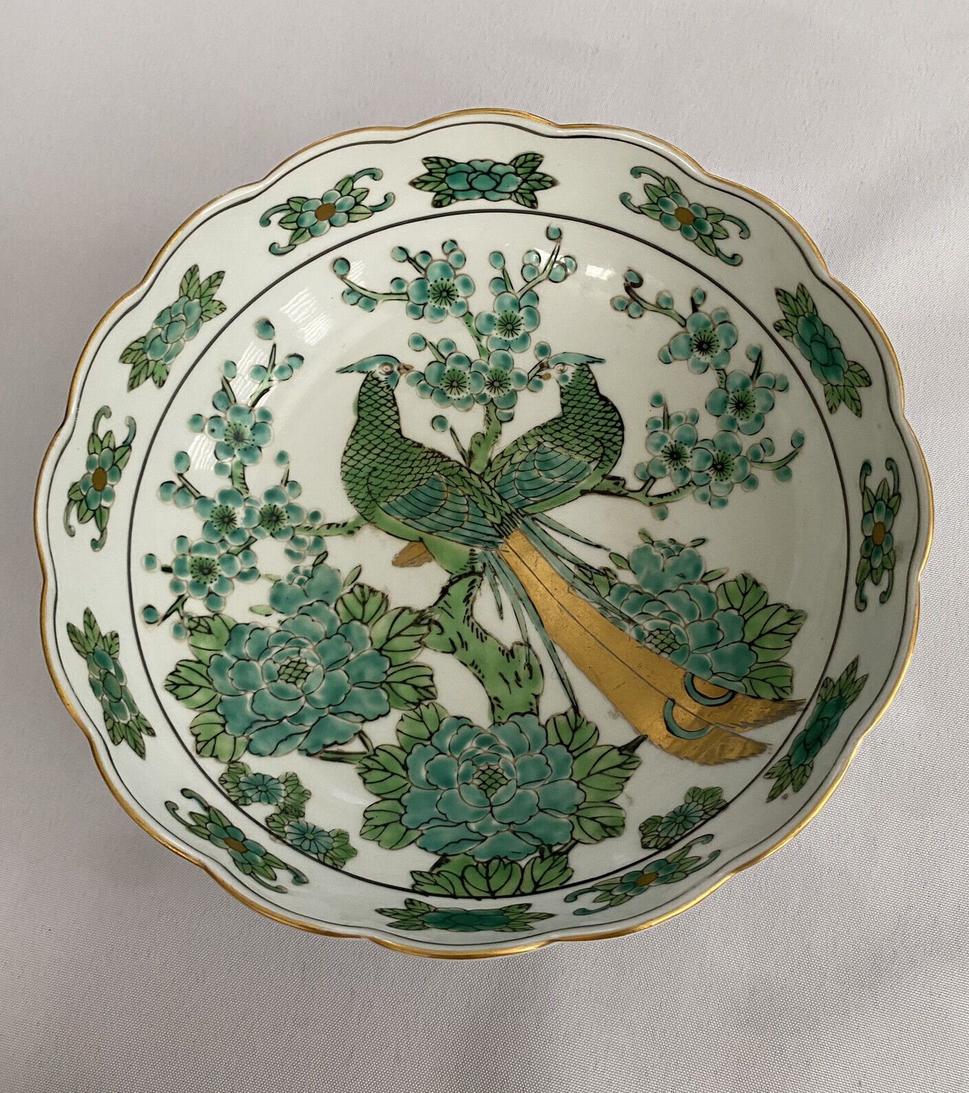 Vintage Gold Imari Bowl Scalloped Edge Hand Painted Peacocks Green Chinoiserie