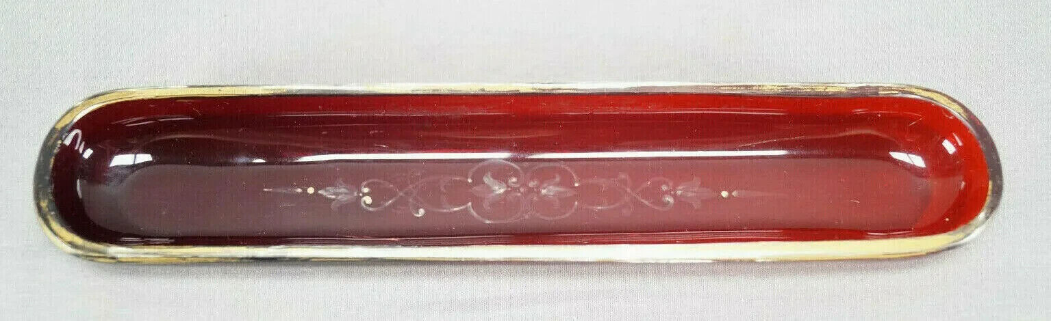 19th Century Bohemian Ruby Stained & Gold Gilt Hand Blown Glass Pen Tray