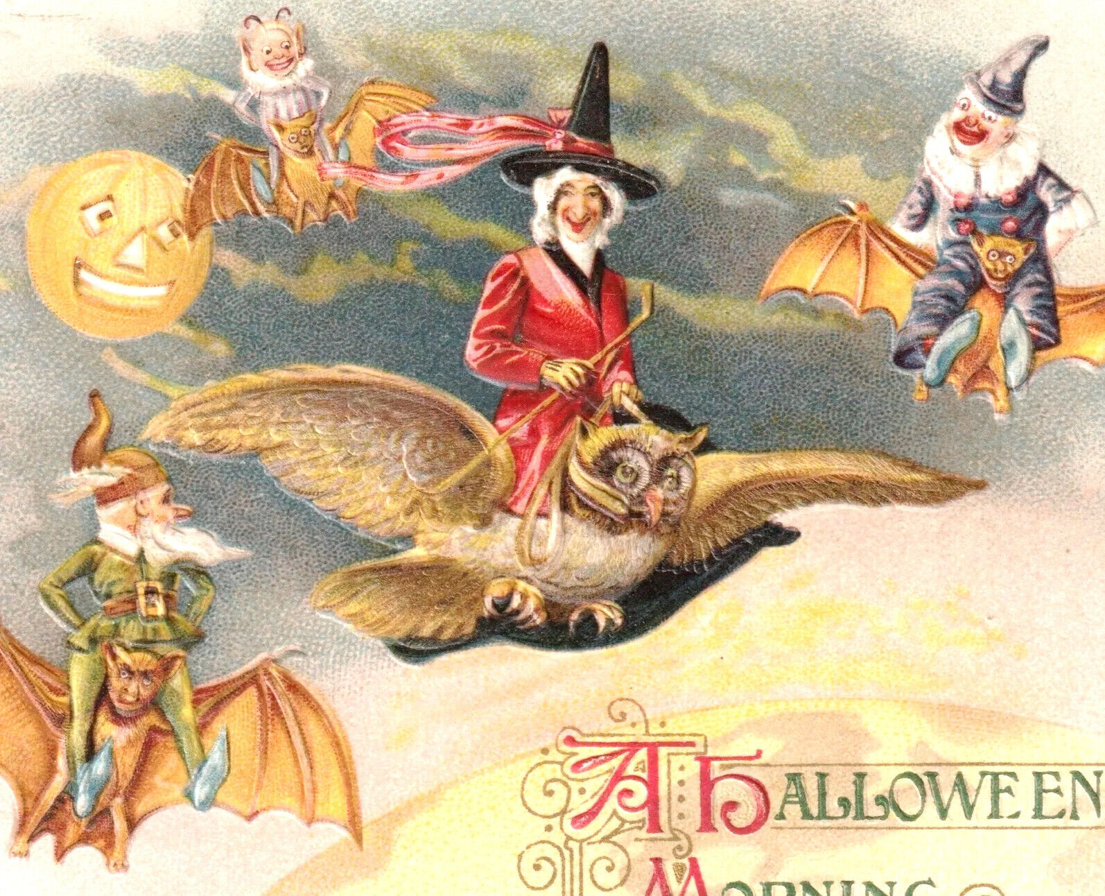 Winsch 1914 Schmucker A Halloween Morning Witch Clown Elf Owl Antique PostCard
