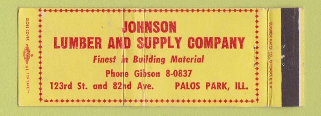 Matchbook Cover - Johnson Lumber and Supply Palos Park IL WEAR Full Length
