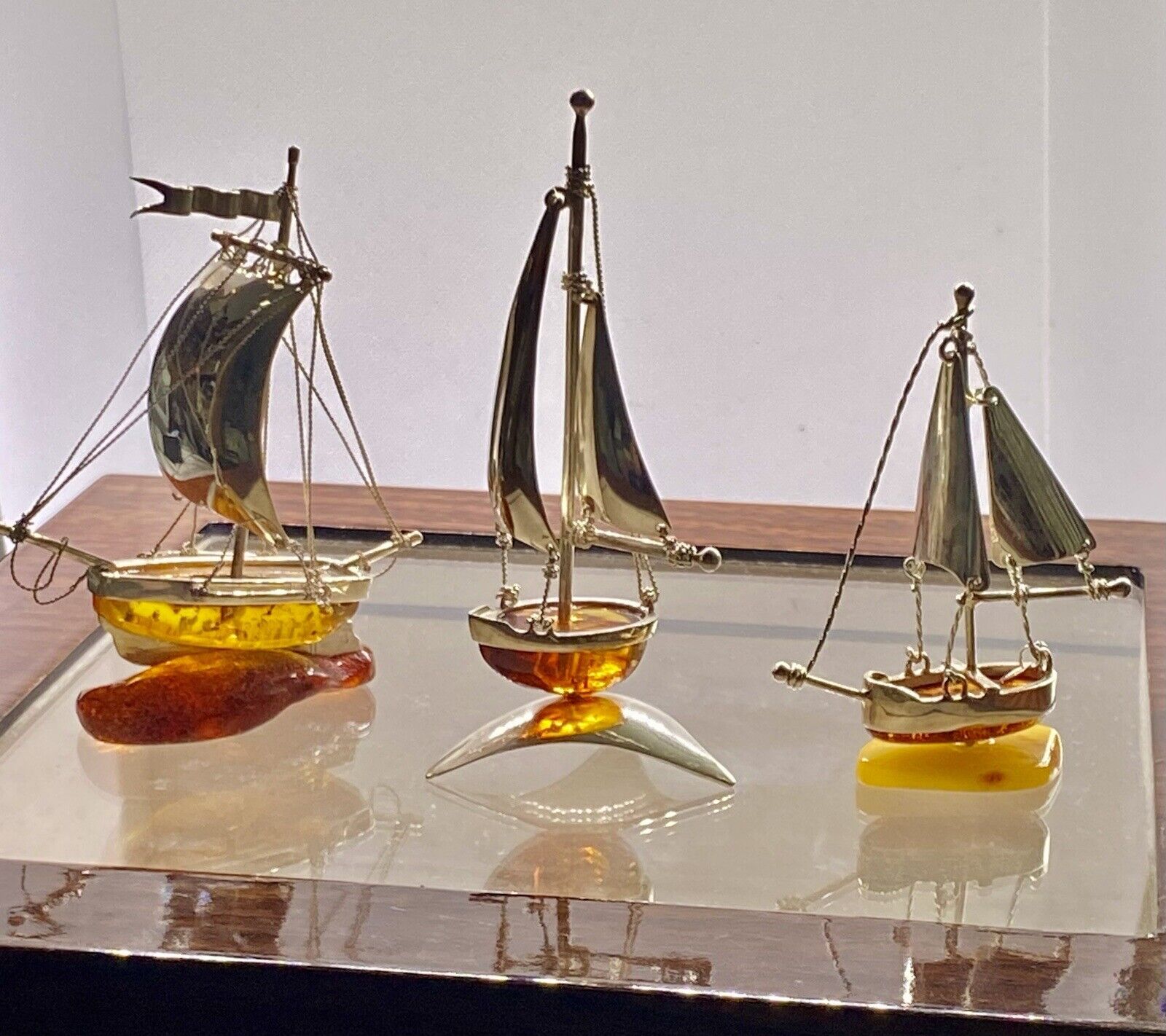 Baltic Amber Sterling Silver 3pc Sail Boats Ship 4” and 3” tall set