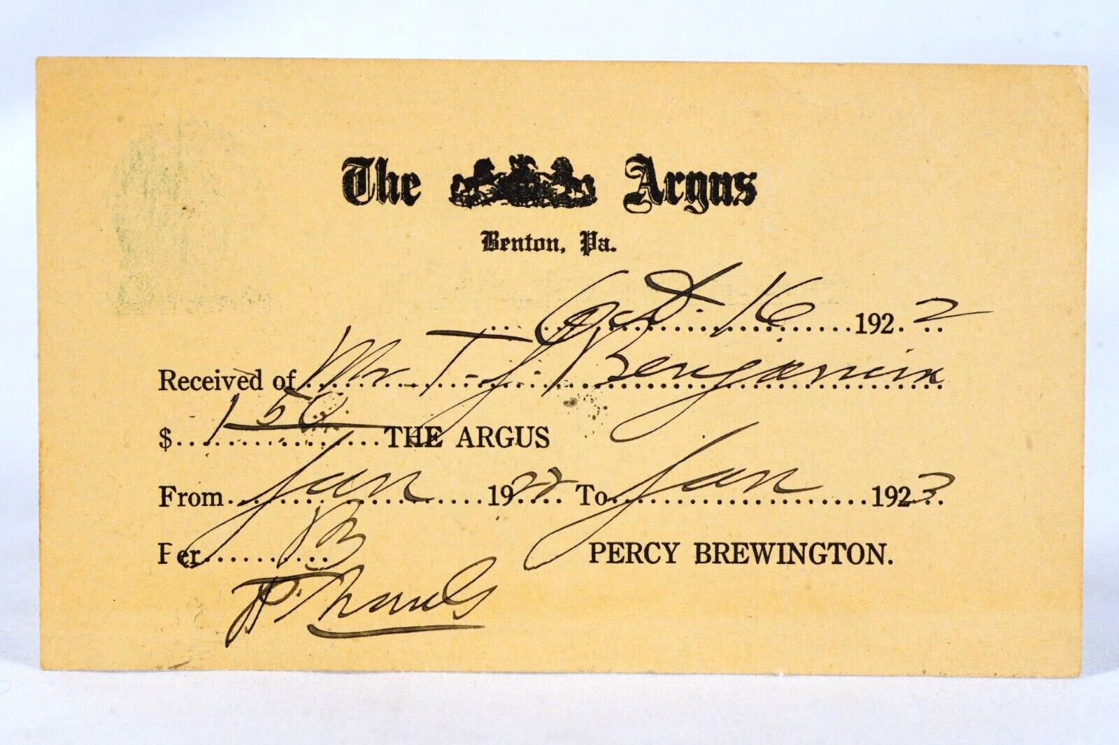Benton PA THE ARGUS Newspaper Postal Mailing Card Postcard 1923 Percy Brewington