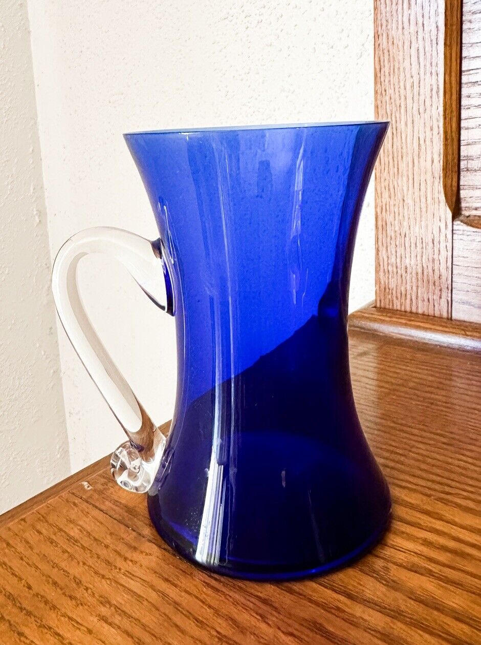 Vintage Cobalt Blue Coffee Mug Large Size Applied Handles Pontil Hand Blown