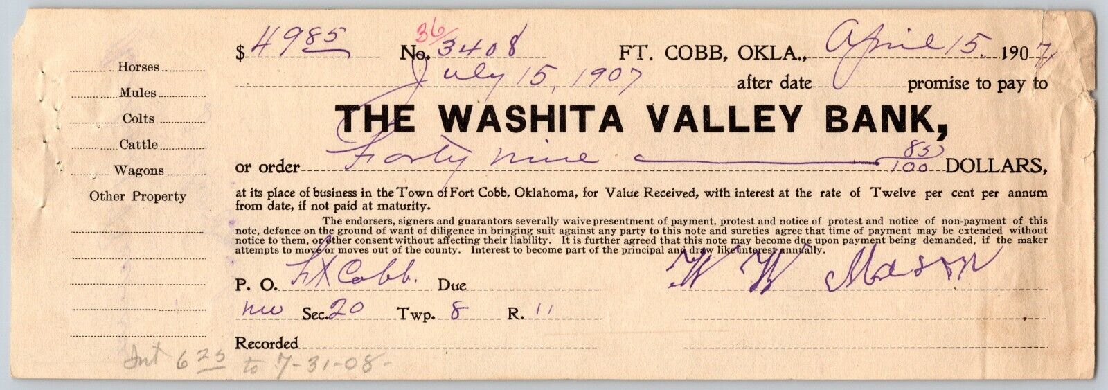 Fort Cobb Territorial Oklahoma 1907 Washita Valley Promissory Note Scarce