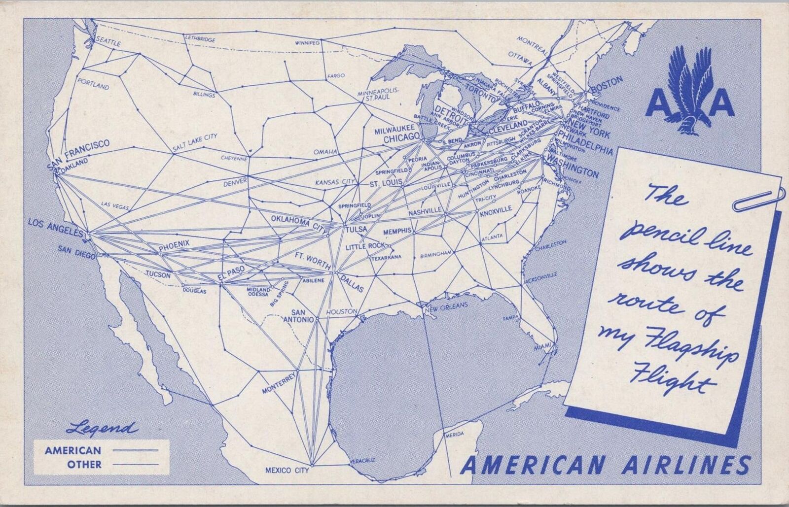 Postcard American Airlines Flight Route of the Flagships 