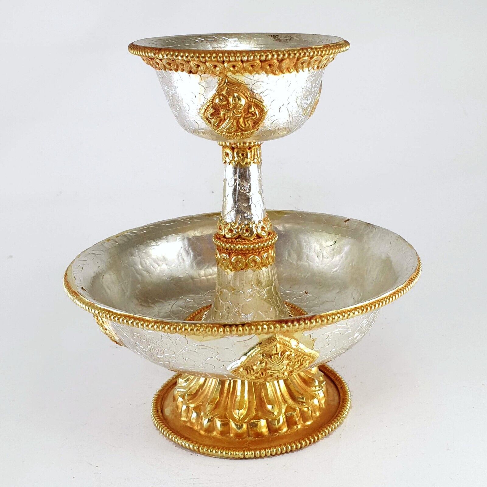 Gold n Silver Plated Copper Tibetan Buddhist Serkyem Drink Offering Nepal Lamp