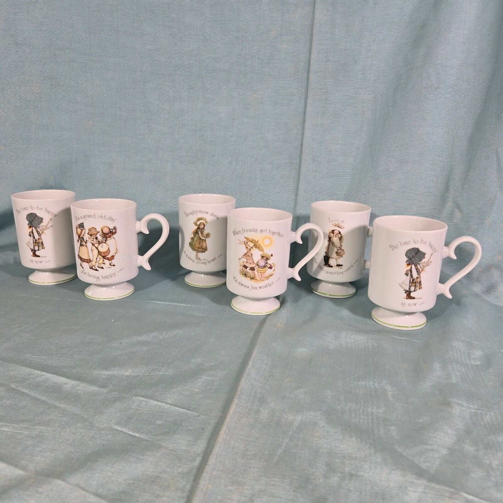 6 Vintage 1974 Holly Hobbie Porcelain Coffee Tea Cup Set Footed Pedestal Base