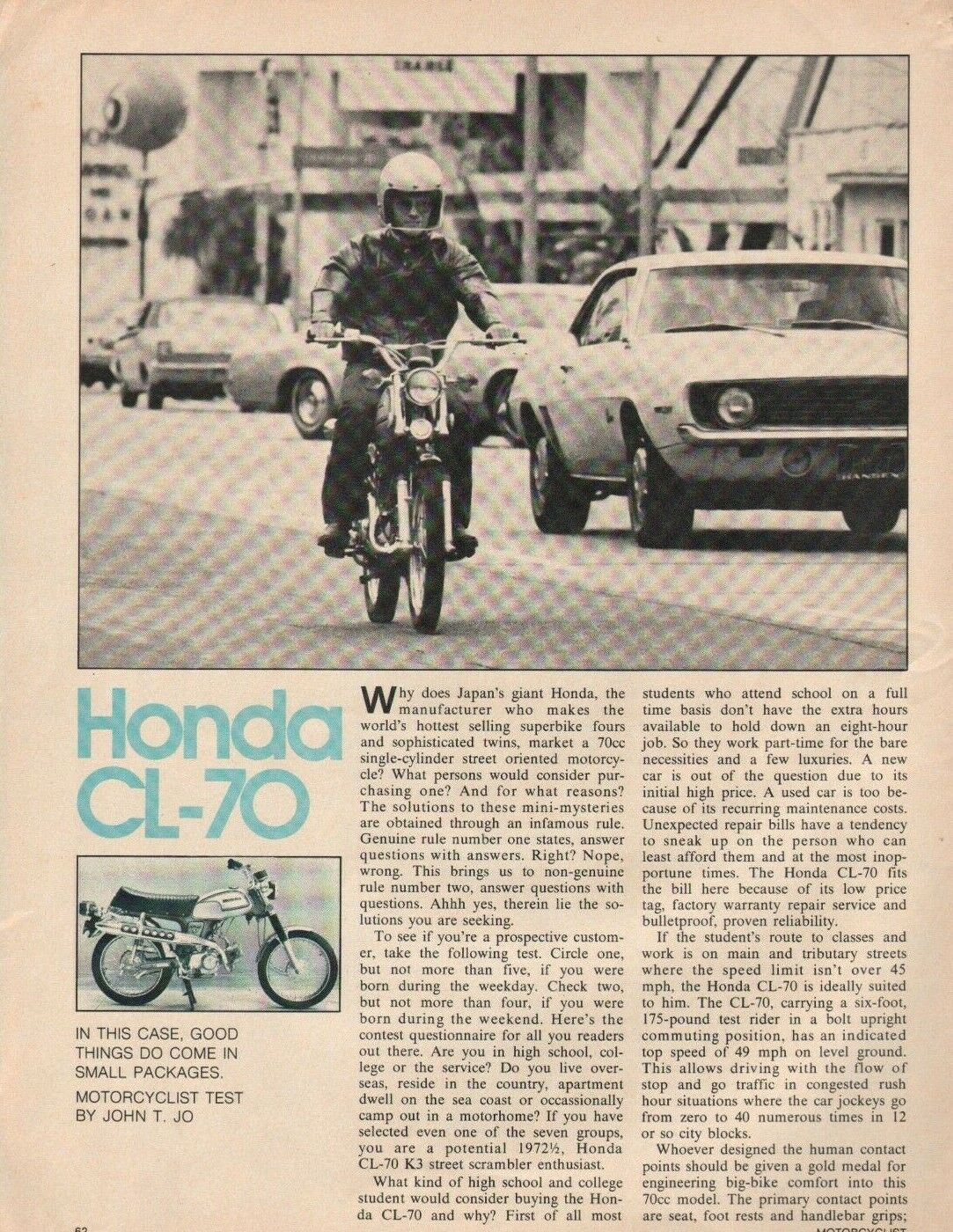 1972 Honda CL-70 - 2-Page Vintage Motorcycle Article