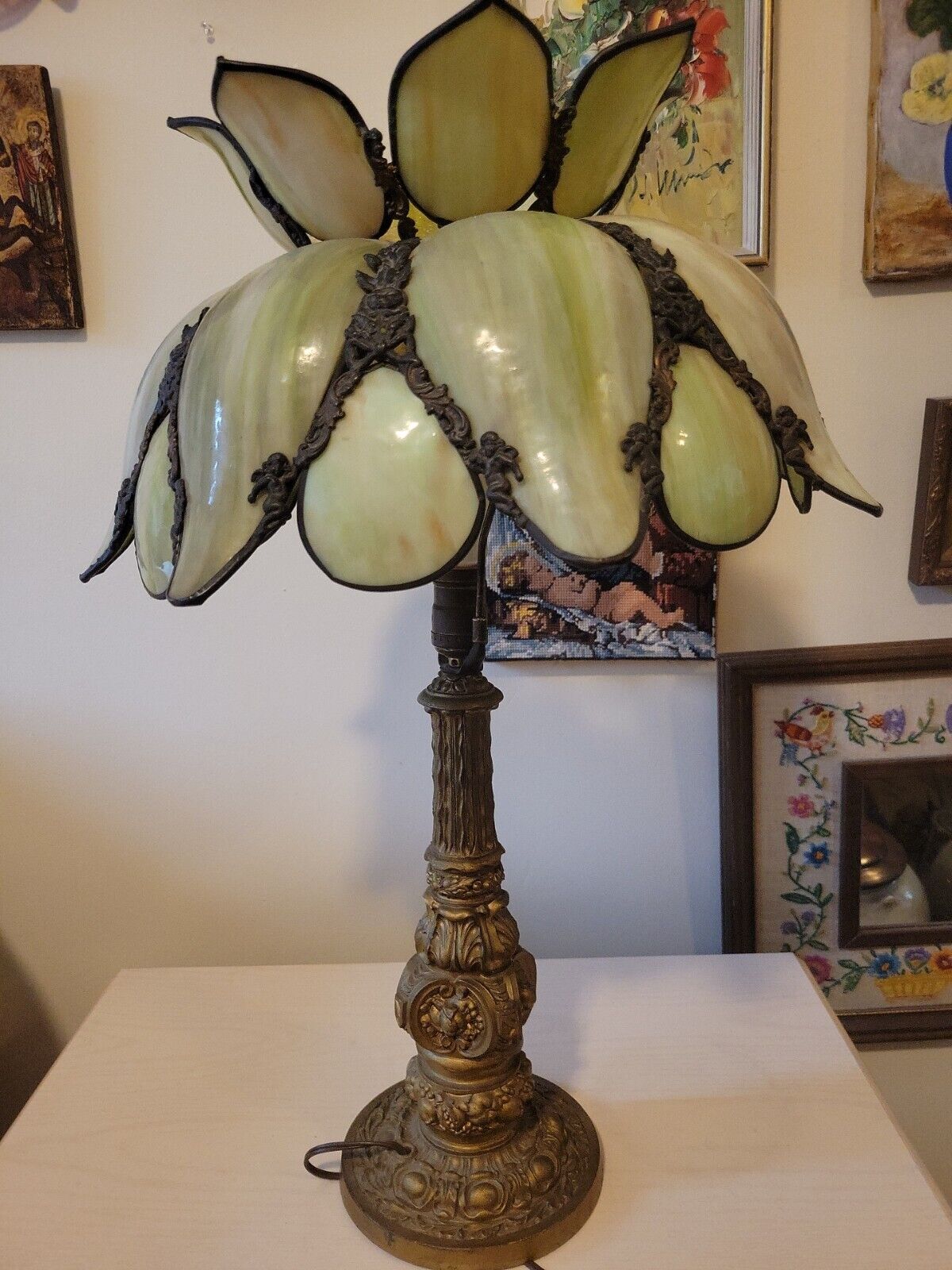 Vintage H.A. Best Stained Glass Lamp Green Slag