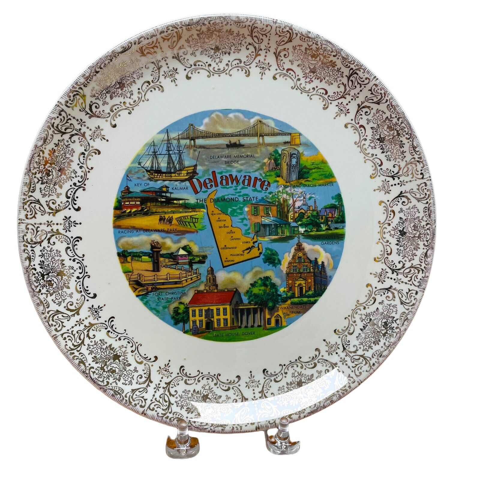 Vintage Delaware Souvenir Plate THE DIAMOND STATE 1970s Dover Key of Kalmar 9”